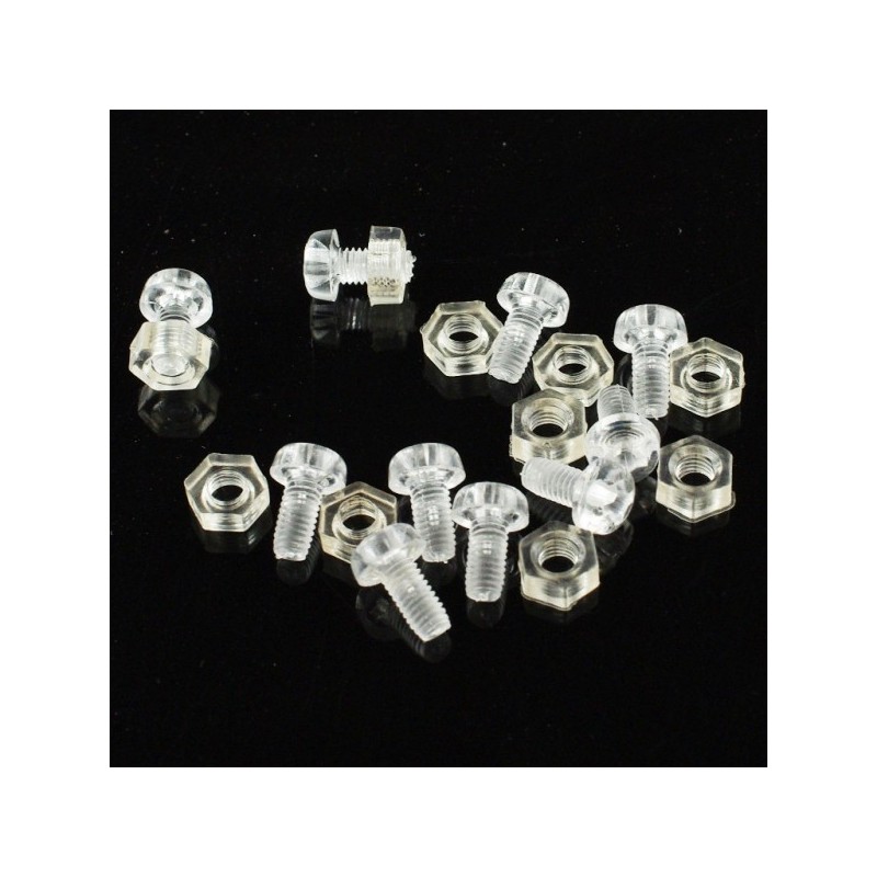 In ZIYUN,10 sets M3 6 clear nylon screws and nuts,These clear nylon screws and nuts can be used to fix your circuit board sensors and mechanical mountings 