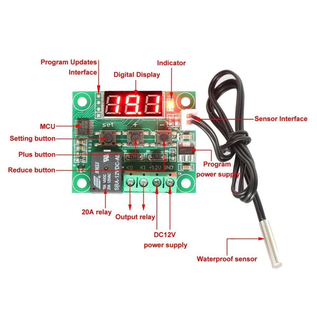 W1209 Digital Thermostat Temperature Controller DC12V NTC10K 1% 3950 Cable 