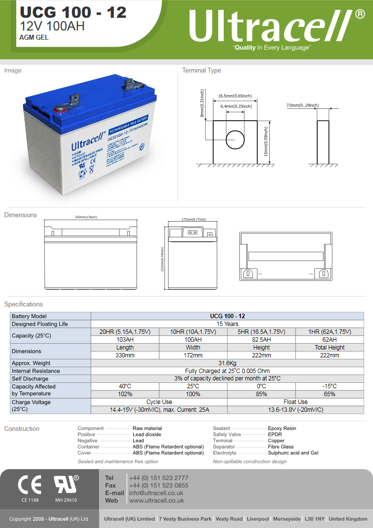 Batterie 100Ah 12V GEL - UCG100-12 - Ultracell